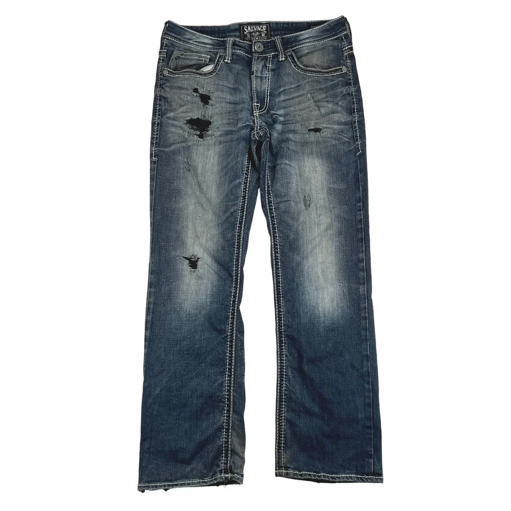 Salvage Mayhem Bootcut Distressed Denim Jeans Men 33x30 Grunge Y2K Buckle‎